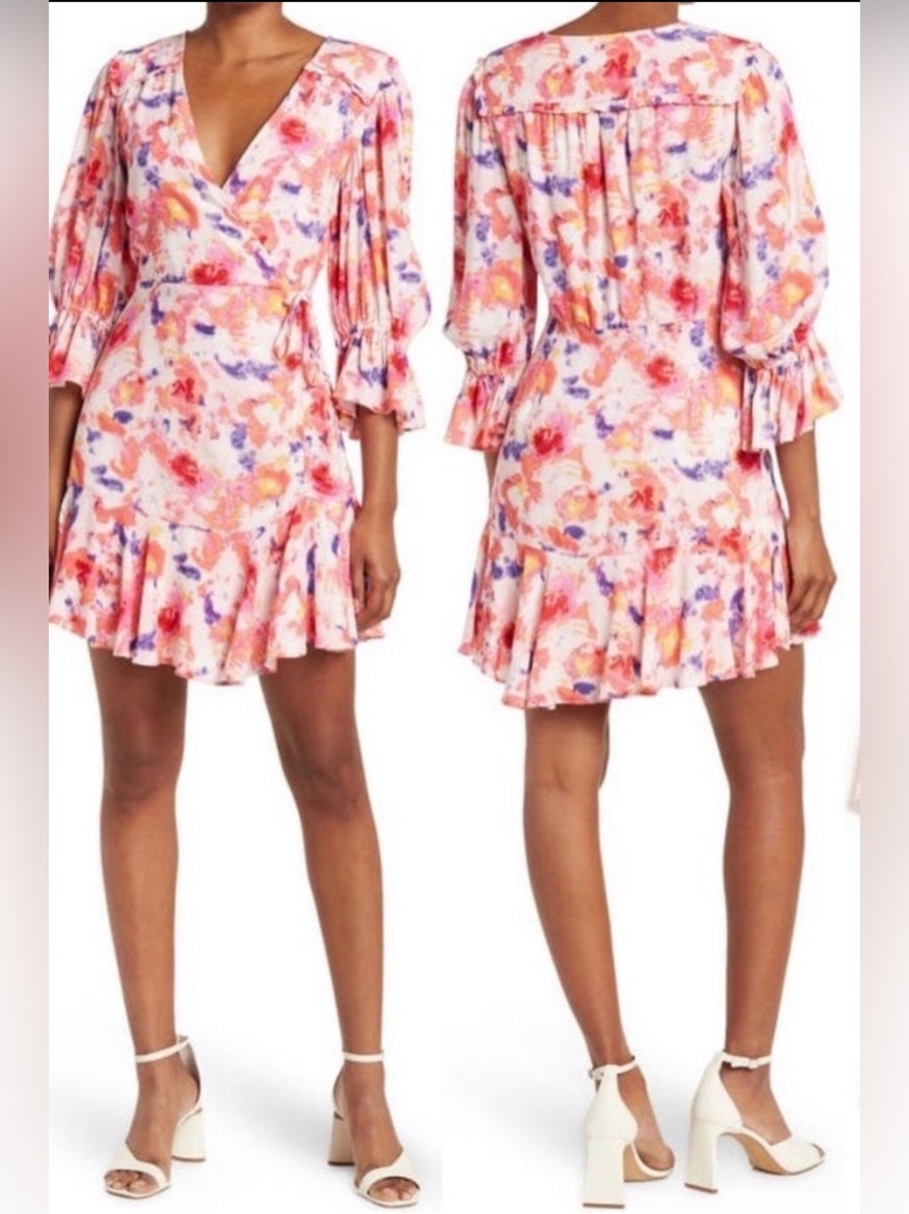 Betsey Johnson | Floral Wrap V-Neck Ruffled Mini Dress - Pink Multi